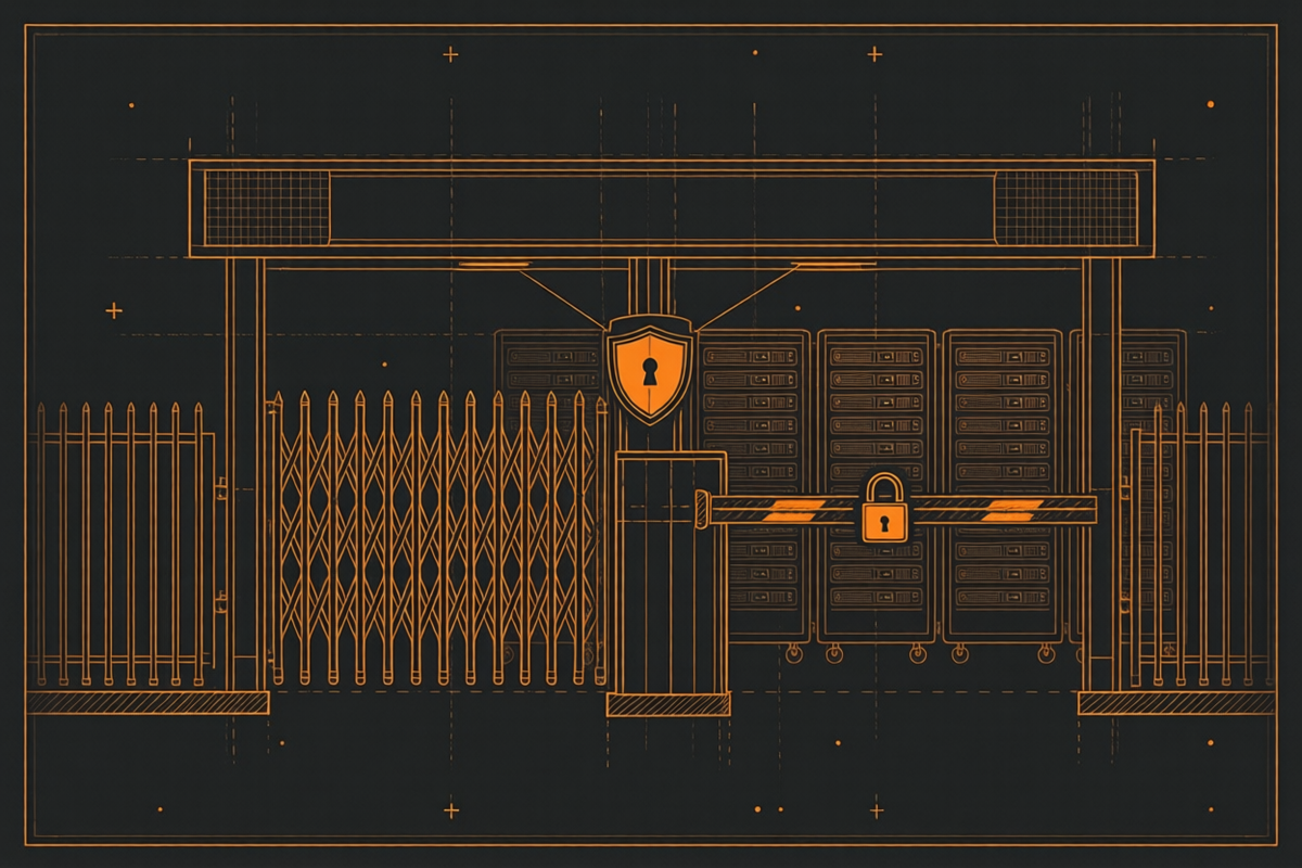 Blueprint-Illustration eines Authentifizierungs-Gateways mit Schild und Schlüssel vor mehreren Anwendungen