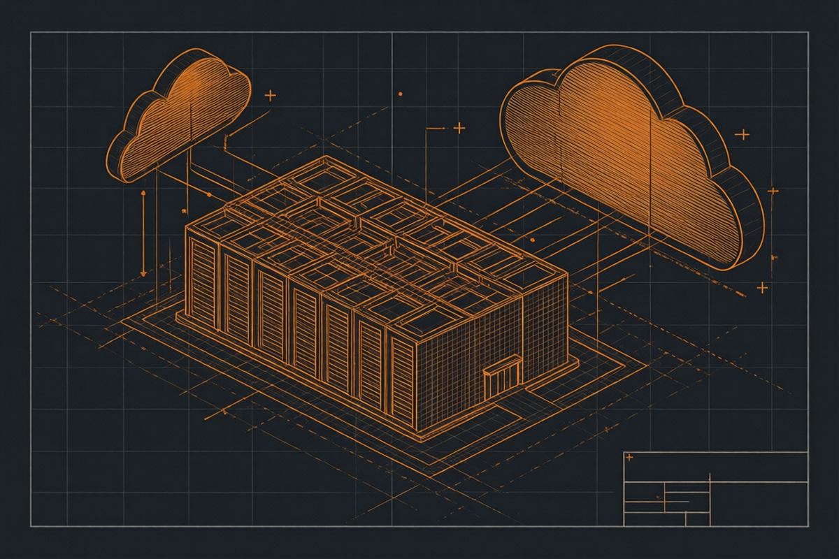 Schaltplan-Illustration einer hybriden Cloud-Topologie zwischen Rechenzentrum und Cloud-Knoten