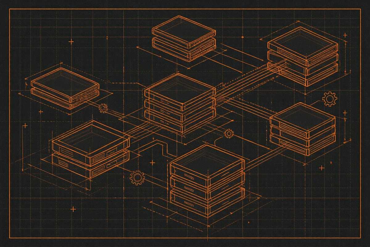 Illustration einer technischen Architektur-Komposition aus Diagrammen und Werkzeugen