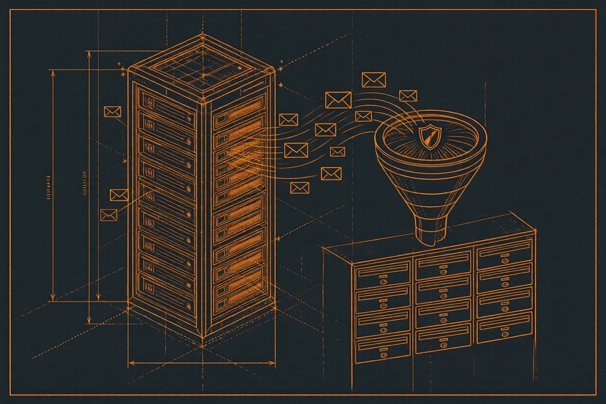 Blueprint-Illustration eines Mailservers mit Spam-Filter-Trichter und Postfächern