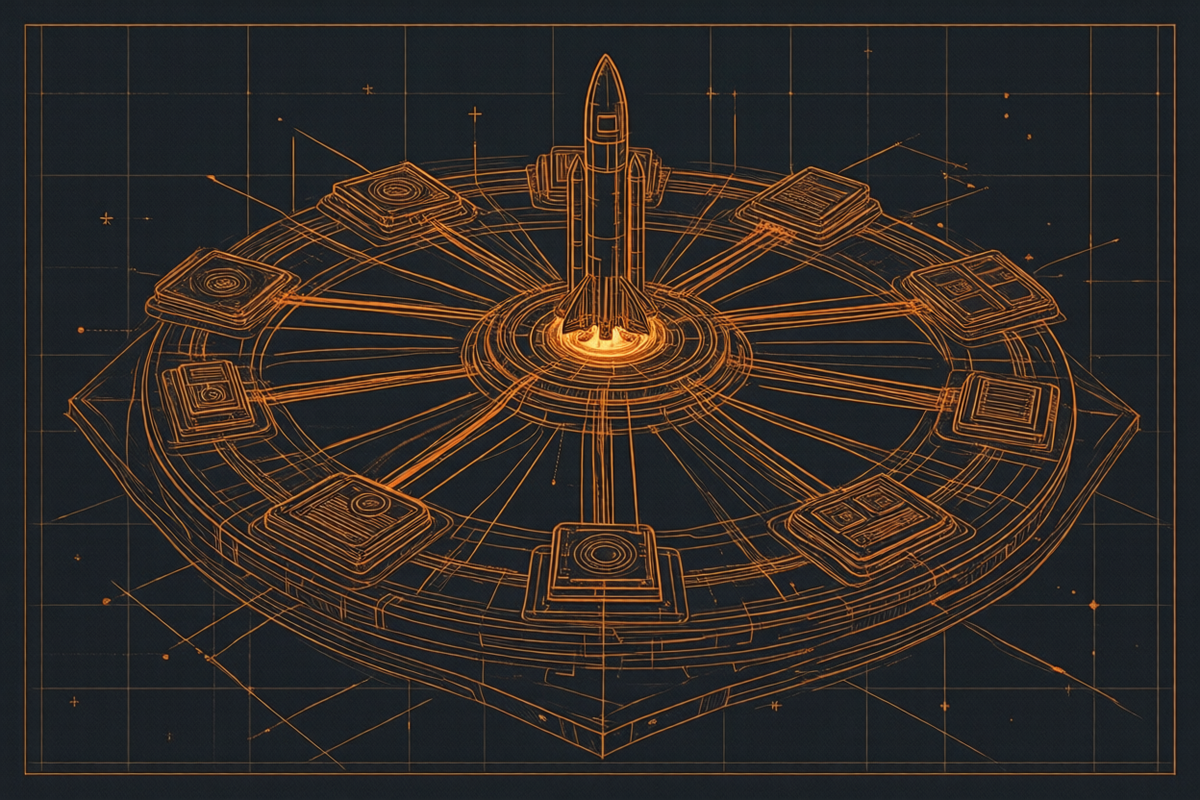 Blueprint-Illustration einer Kollaborationssuite: zentrales Portal mit ringförmig angeordneten Anwendungsmodulen