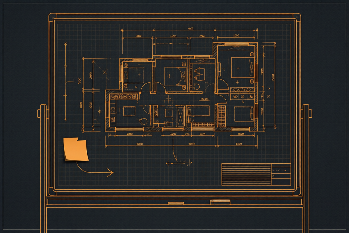 Illustration eines Whiteboards mit technischen Diagrammen