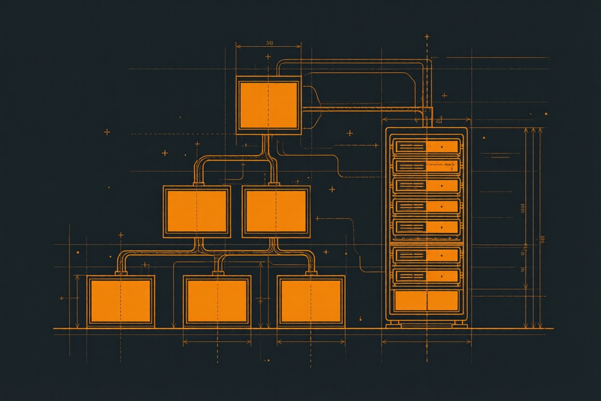 Illustration eines CMS-Seitenbaums verbunden mit einem Server