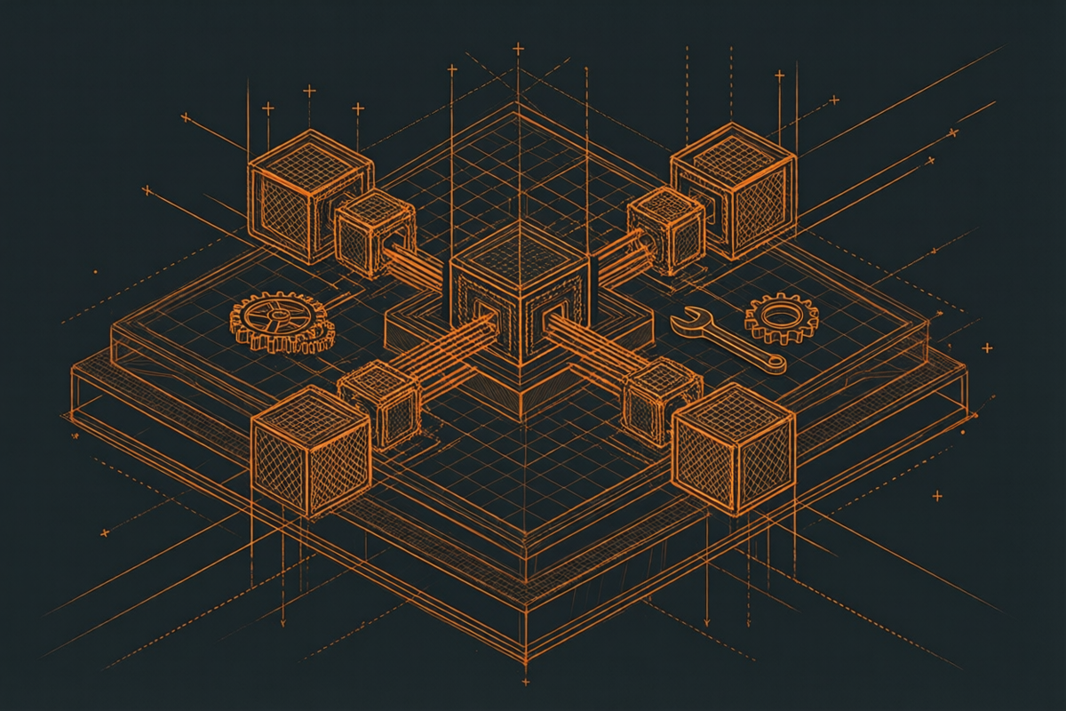 Blueprint-Illustration eines CMS-Kerns mit angedockten Erweiterungsmodulen, Zahnrädern und einem Werkzeug
