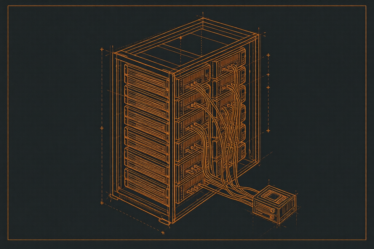 Blueprint-Illustration eines in virtuelle Maschinen unterteilten Server-Hosts